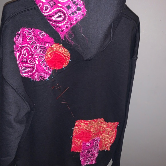 Gildan hoodie with hand sewn bandana patches. - Picture 3 of 6